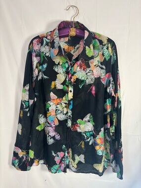 Semi Sheer Silk Blend Butterfly Romantic Boho Whimsigoth Button-Up Blouse Size L